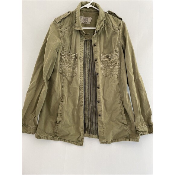 Zara‎ Womens Military Jacket Olive Green Striped Back Panel Shacket Pockets M - Picture 3 of 11
